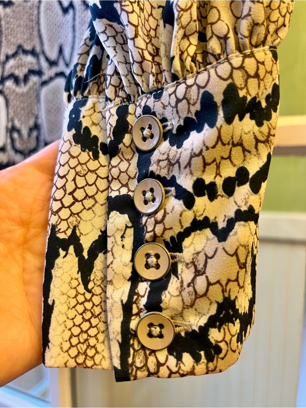 CAbi Snake Print Long Sleeve Blouse with Ruffle Collar in Black and Cream - Picture 4 of 10